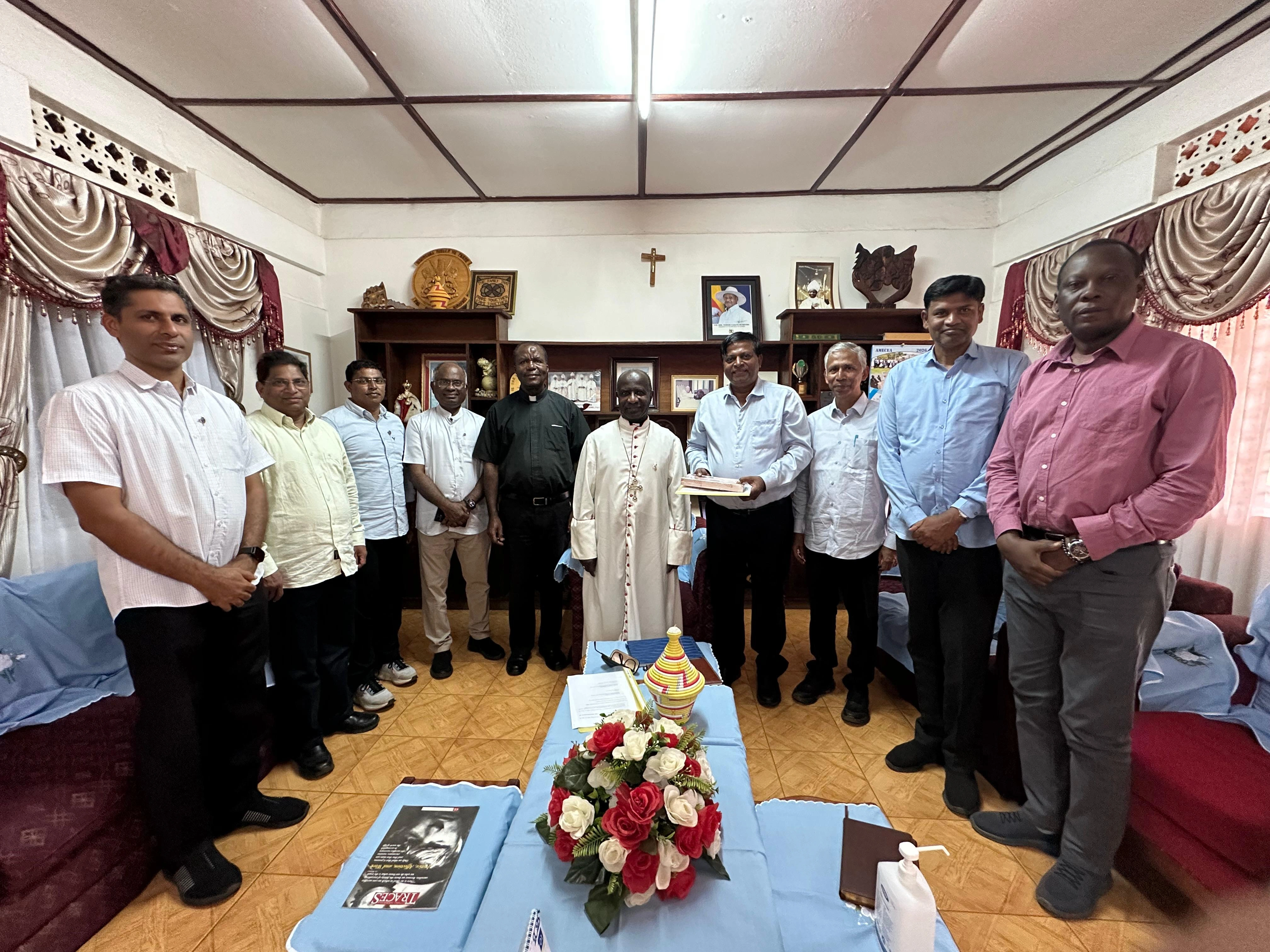 Assistant General Br. Dhanaraj, General Bursar Br. Michael Mathew, Provincial Superior Br. Shajan Antony and other visiting Brothers with the Bishop of Catholic Diocese of Fort Portal.